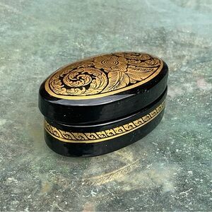 Black Lacquer & Gold Trinket Box Hand Painted Chiangmai Floral Oval Wood Signed